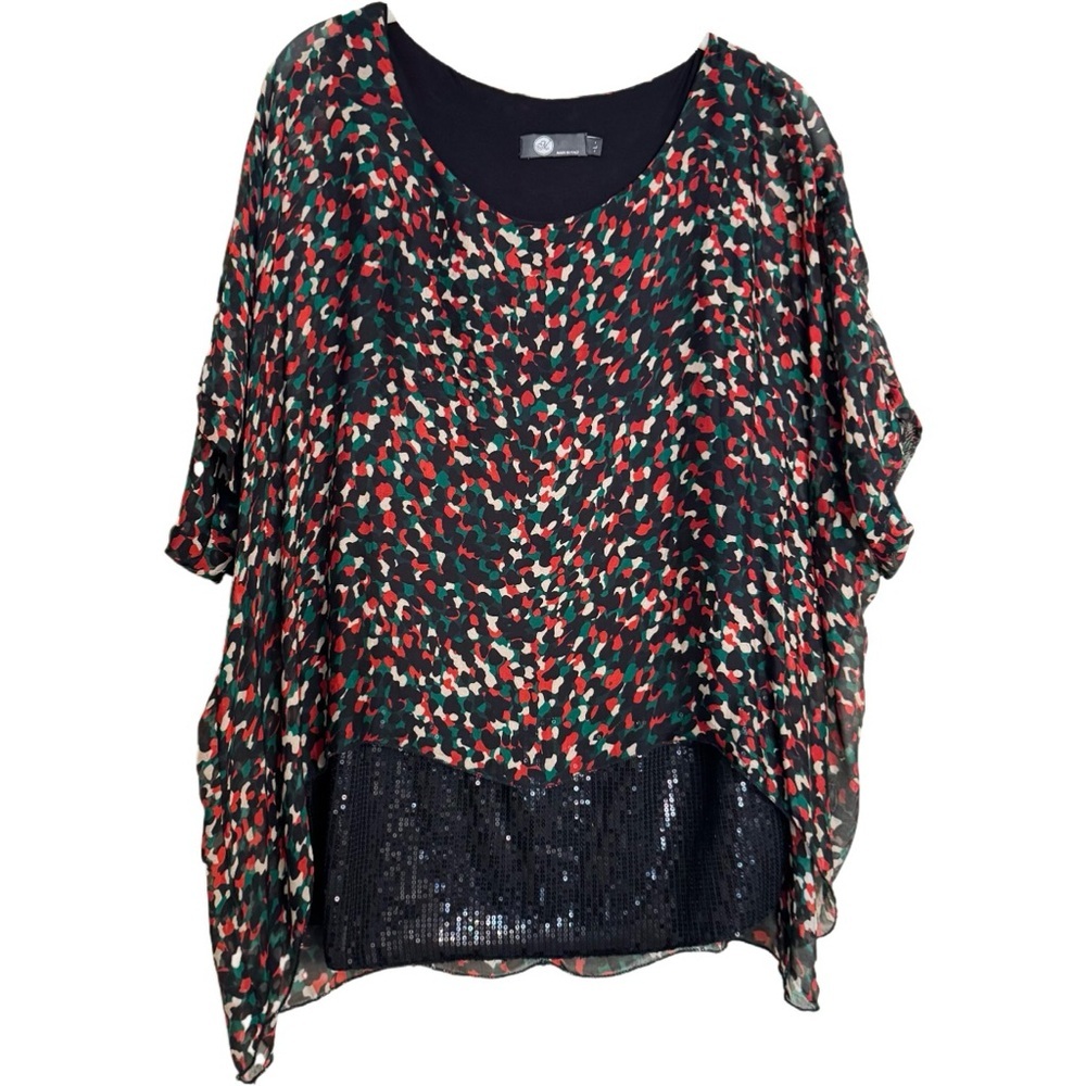 Made in ITALY Silk and Sequined Layered Tunic Blouse Top Size Large Black